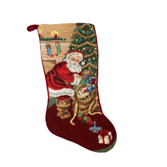 Christmas Stocking Embroidered Santa & Christmas Tree Needlepoint 18.5” - Picture 1 of 5